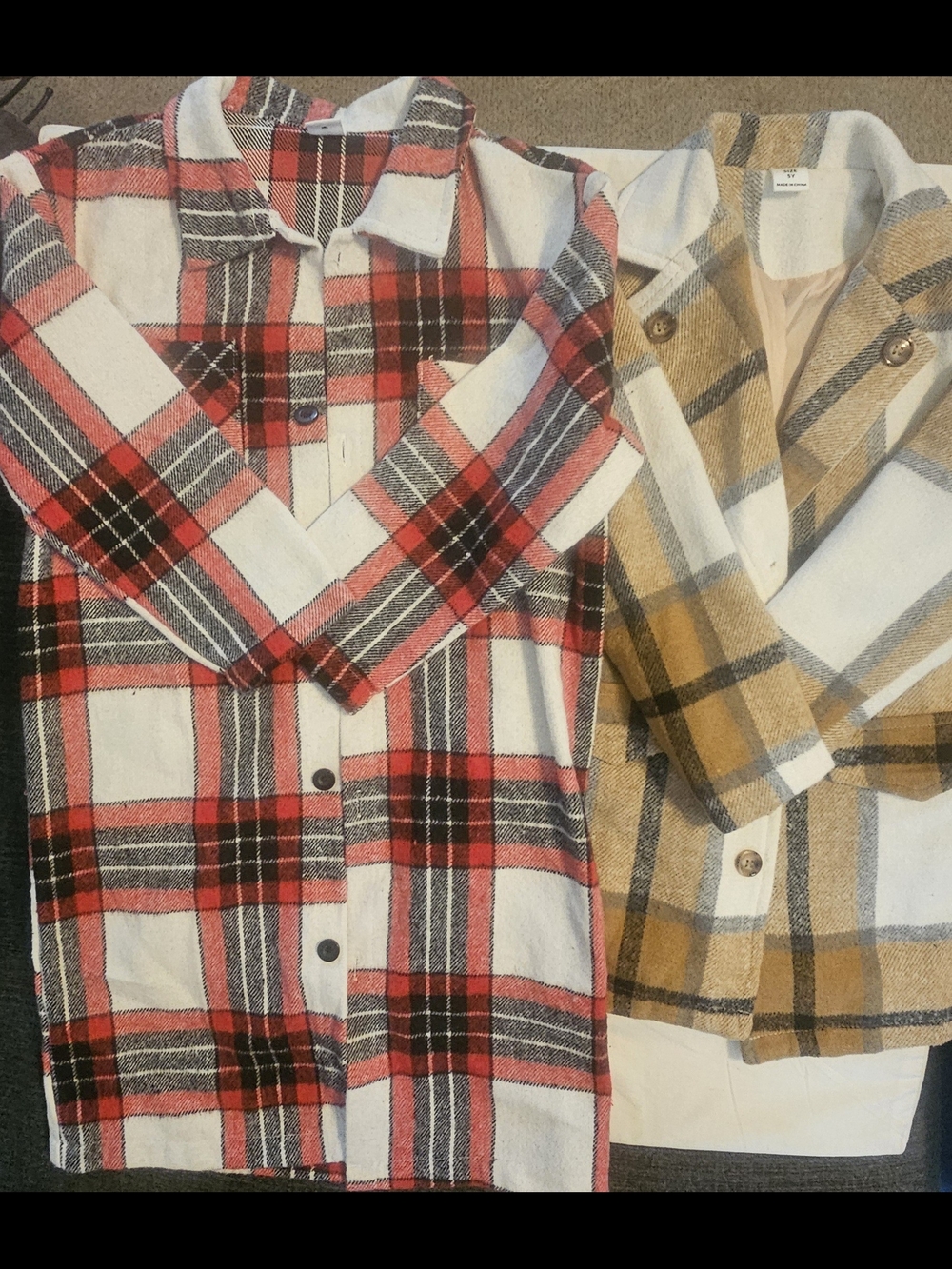 Kids Red Plaid Long-Sleeve Shirt Jacket Paired with A Brown&Tan Flannel Coat.